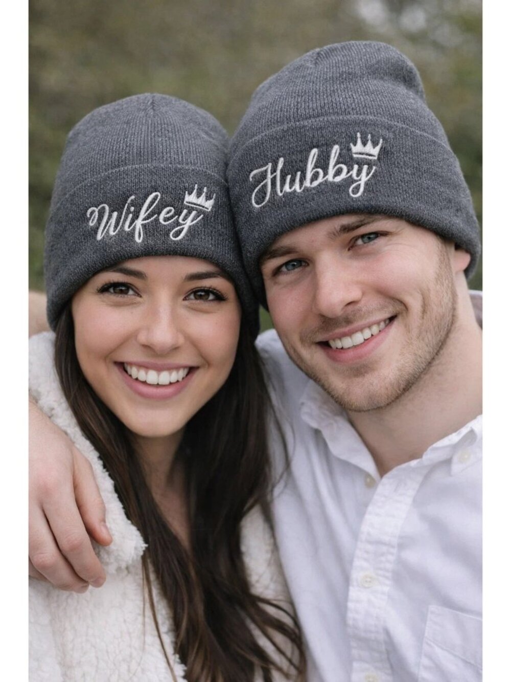 HUBBY WIFEY Couples Charcoal Grey Matching Beanies NEW Wedding Gift